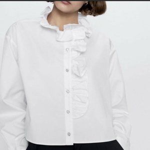 ZARA White Ruffled Shirt With Gem Buttons S